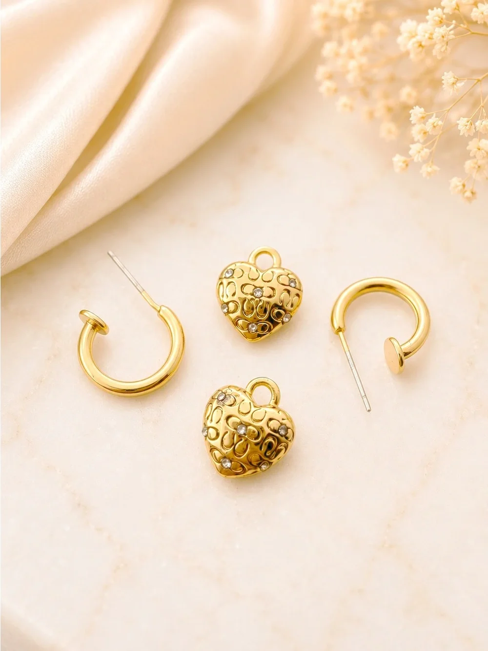 Coach Signature Pavé Quilted Heart Charm Huggie Hoop Earrings